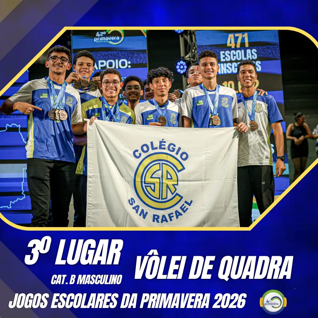 Time de vôlei do colégio com medalhas e a bandeira do San Rafael
